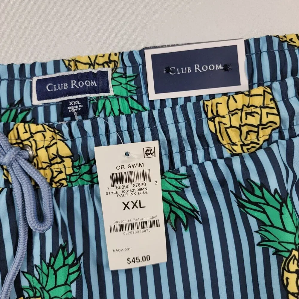 Club Room Pineapple Stripes Swim Trunks Mens 2XL Blue Quick‎ Dry Pockets $45 NEW